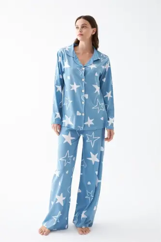 Akbeniz Women's Blue Star Patterned Buttoned Cotton Pajama Set 