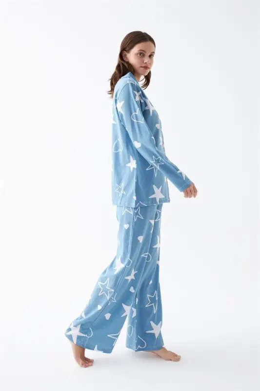 Akbeniz Women's Blue Star Patterned Buttoned Cotton Pajama Set - 3