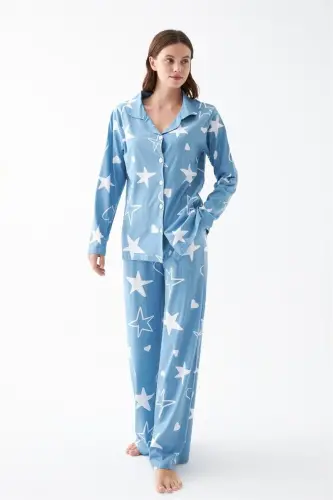 Akbeniz Women's Blue Star Patterned Buttoned Cotton Pajama Set - 5