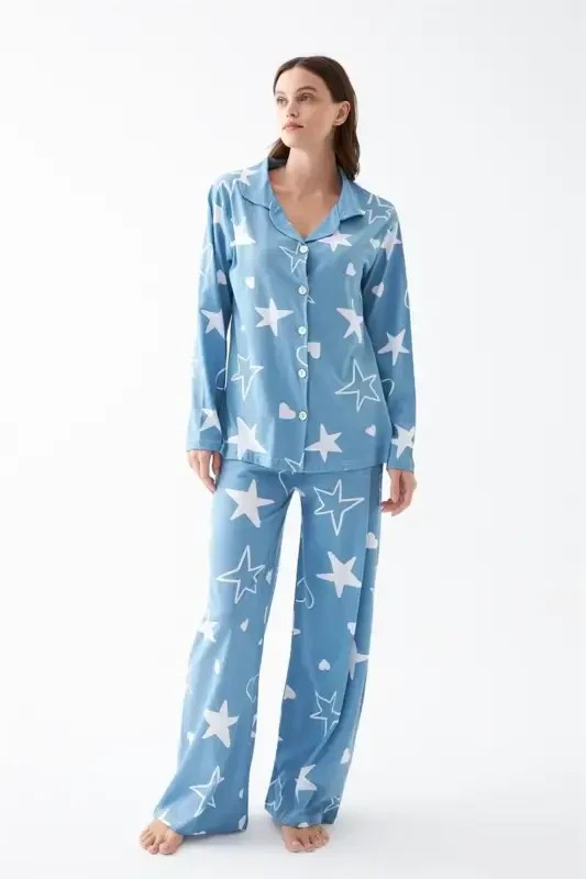 Akbeniz Women's Blue Star Patterned Buttoned Cotton Pajama Set - 1