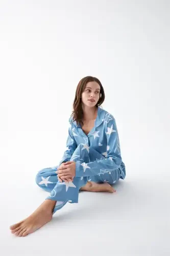 Akbeniz Women's Blue Star Patterned Buttoned Cotton Pajama Set - 2