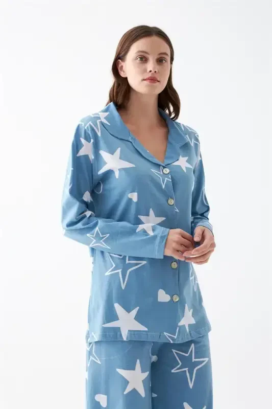 Akbeniz Women's Blue Star Patterned Buttoned Cotton Pajama Set - 4