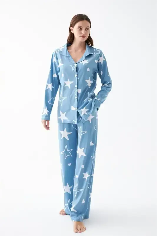 Akbeniz Women's Blue Star Patterned Buttoned Cotton Pajama Set - 5
