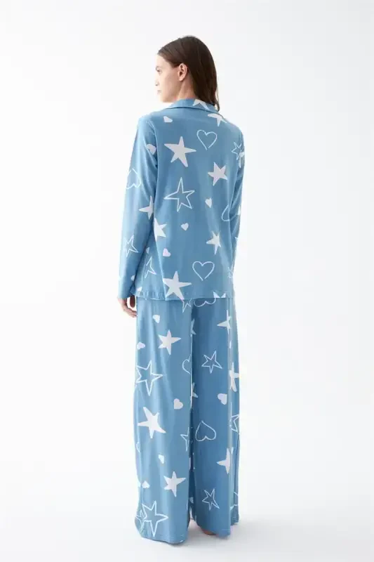 Akbeniz Women's Blue Star Patterned Buttoned Cotton Pajama Set - 6