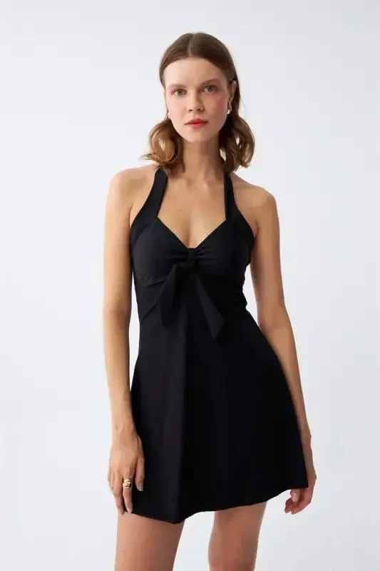 Akbeniz Women's Bow Detailed Black Swimsuit Dress - 1