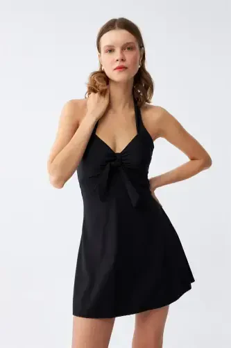 Akbeniz Women's Bow Detailed Black Swimsuit Dress - 4