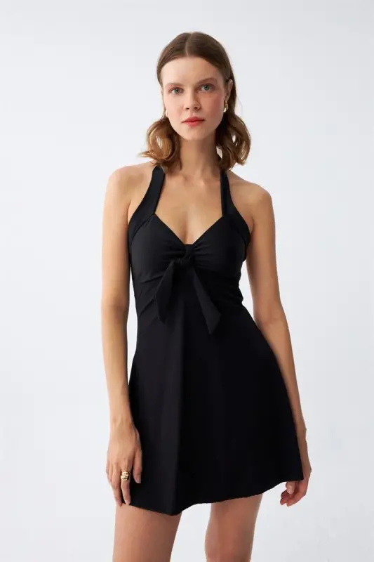 Akbeniz Women's Bow Detailed Black Swimsuit Dress - AKBENIZ
