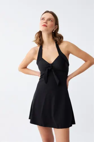 Akbeniz Women's Bow Detailed Black Swimsuit Dress - AKBENIZ (1)