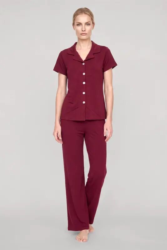 Akbeniz Women's Burgundy Classic Shirt Collar Pajama Set - 3