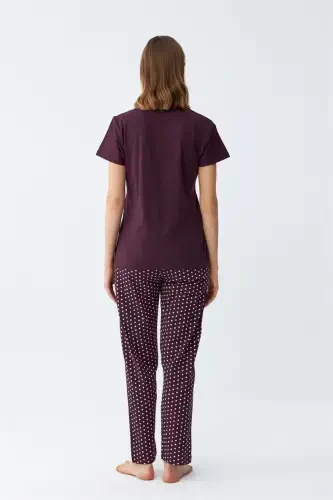 Akbeniz Women's Burgundy Daisy Print Short Sleeve Jersey Pajama Set - 6