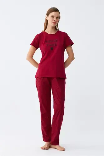 Akbeniz Women's Burgundy Heart Patterned Short Sleeve Jersey Pajama Set - 2