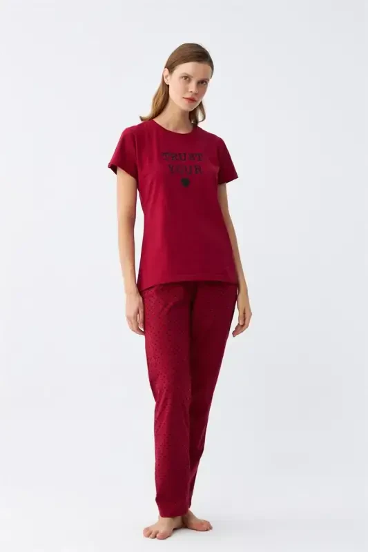 Akbeniz Women's Burgundy Heart Patterned Short Sleeve Jersey Pajama Set - 3