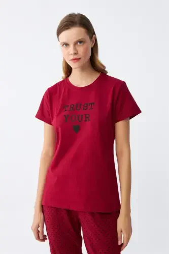 Akbeniz Women's Burgundy Heart Patterned Short Sleeve Jersey Pajama Set - 5