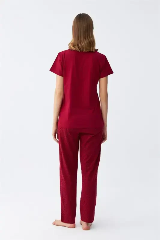 Akbeniz Women's Burgundy Heart Patterned Short Sleeve Jersey Pajama Set - 6