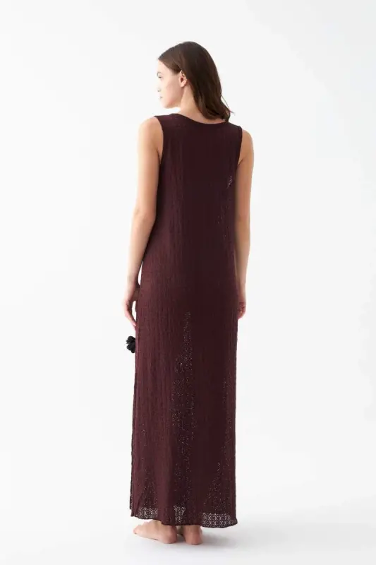Akbeniz Women's Burgundy Lace Textured Slit Long Nightgown - 6