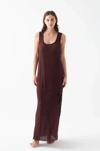 Akbeniz Women's Burgundy Lace Textured Slit Long Nightgown - BÜYÜKBEDENIZ (1)