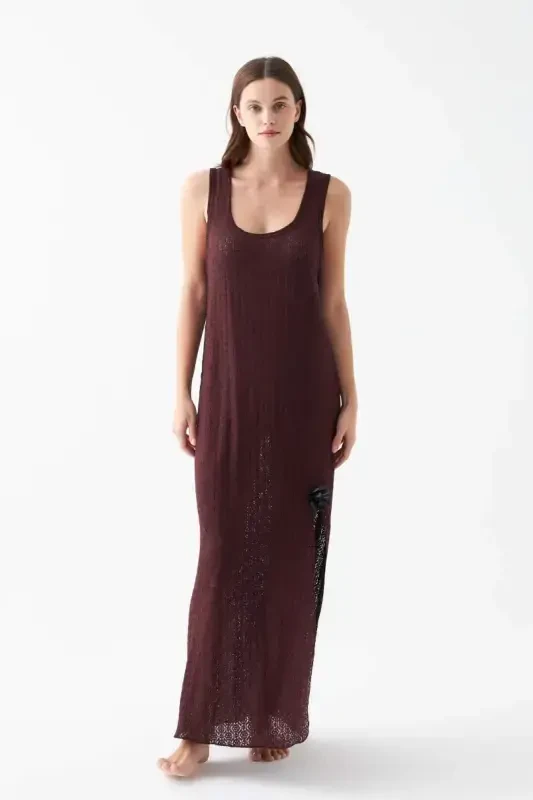 Akbeniz Women's Burgundy Lace Textured Slit Long Nightgown - 2