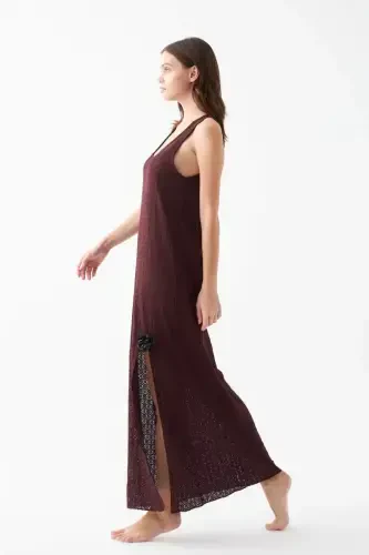 Akbeniz Women's Burgundy Lace Textured Slit Long Nightgown - 3