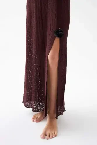 Akbeniz Women's Burgundy Lace Textured Slit Long Nightgown - 4