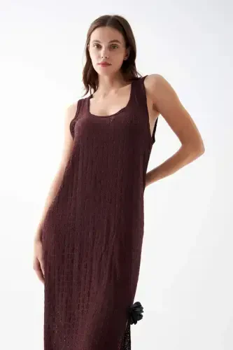 Akbeniz Women's Burgundy Lace Textured Slit Long Nightgown - 5