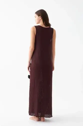 Akbeniz Women's Burgundy Lace Textured Slit Long Nightgown - 6