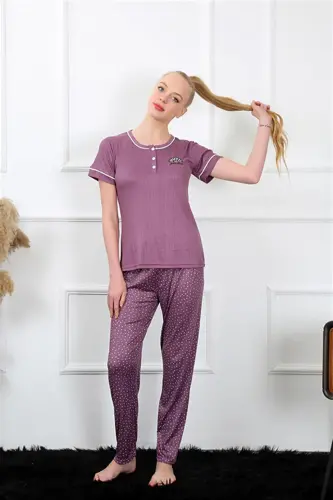 Akbeniz Women's Burgundy Short Sleeve Pajama Set 20388 - 3