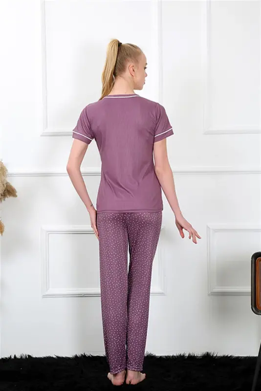 Akbeniz Women's Burgundy Short Sleeve Pajama Set 20388 - 4