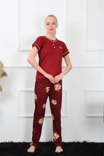 Akbeniz Women's Burgundy Short Sleeve Pajama Set 20388 - 2