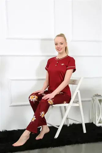 Akbeniz Women's Burgundy Short Sleeve Pajama Set 20388 - 3