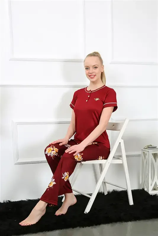 Akbeniz Women's Burgundy Short Sleeve Pajama Set 20388 - 3