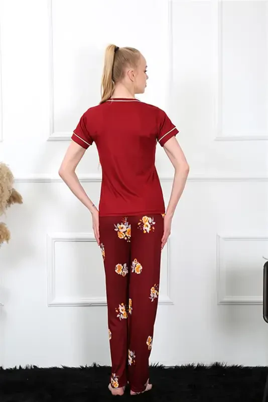 Akbeniz Women's Burgundy Short Sleeve Pajama Set 20388 - 4