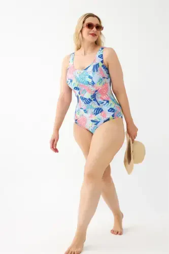 Akbeniz Women's Colorful Tropical Patterned Plus Size One Piece Swimsuit - 1