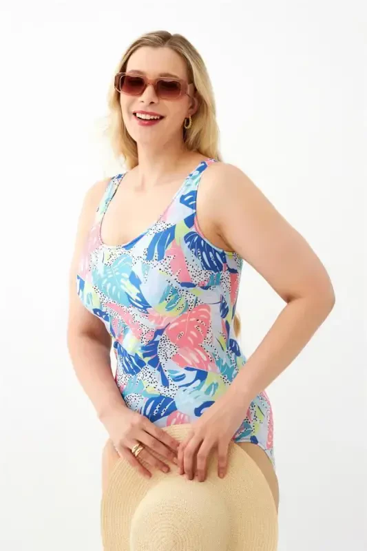 Akbeniz Women's Colorful Tropical Patterned Plus Size One Piece Swimsuit - 3