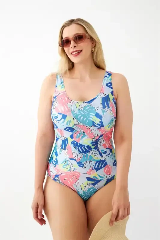 Akbeniz Women's Colorful Tropical Patterned Plus Size One Piece Swimsuit - 4