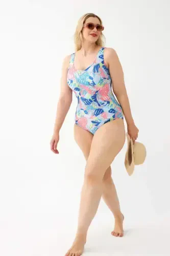 Akbeniz Women's Colorful Tropical Patterned Plus Size One Piece Swimsuit - 1