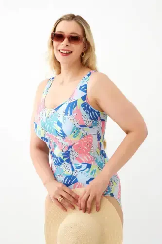 Akbeniz Women's Colorful Tropical Patterned Plus Size One Piece Swimsuit - 3