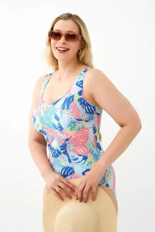 Akbeniz Women's Colorful Tropical Patterned Plus Size One Piece Swimsuit - 3
