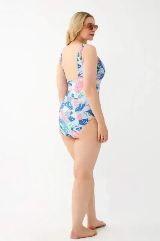 Akbeniz Women's Colorful Tropical Patterned Plus Size One Piece Swimsuit - 5