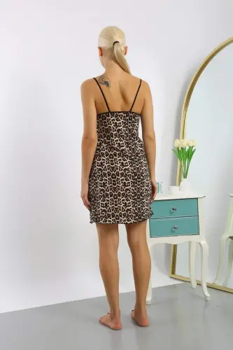 Akbeniz Women's Combed Cotton Brown Leopard Patterned Spaghetti Strap Nightdress 36718 - 5