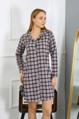 Akbeniz Women's Combed Cotton Long Sleeve Buttoned Black Tunic Nightgown 13102 - 1