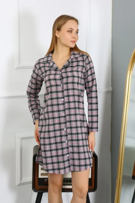 Akbeniz Women's Combed Cotton Long Sleeve Buttoned Black Tunic Nightgown 13102 - 1