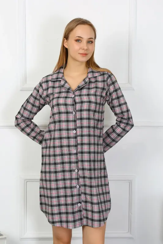 Akbeniz Women's Combed Cotton Long Sleeve Buttoned Black Tunic Nightgown 13102 - 2