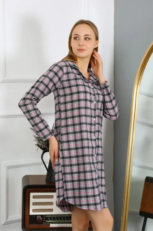 Akbeniz Women's Combed Cotton Long Sleeve Buttoned Black Tunic Nightgown 13102 - 4
