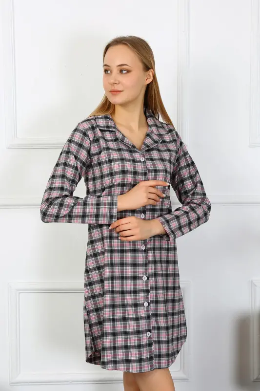 Akbeniz Women's Combed Cotton Long Sleeve Buttoned Black Tunic Nightgown 13102 - 6