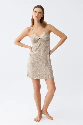 Akbeniz Women's Combed Cotton Mink Leopard Patterned Spaghetti Strap Nightgown 36717 - 4