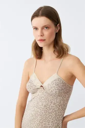 Akbeniz Women's Combed Cotton Mink Leopard Patterned Spaghetti Strap Nightgown 36717 - 5