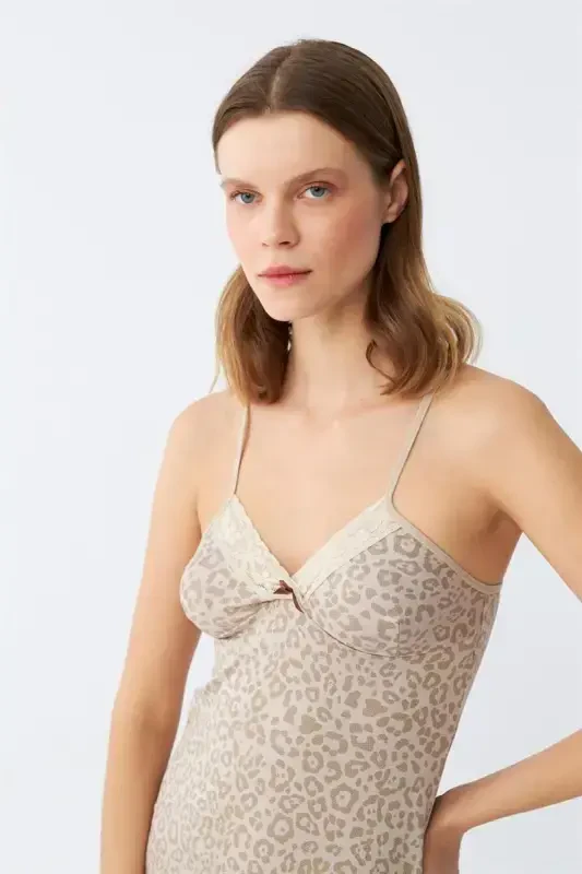 Akbeniz Women's Combed Cotton Mink Leopard Patterned Spaghetti Strap Nightgown 36717 - 5