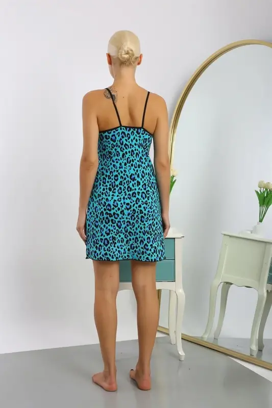 Akbeniz Women's Combed Cotton Mint Green Leopard Print Spaghetti Strap Nightgown 36712 - 5