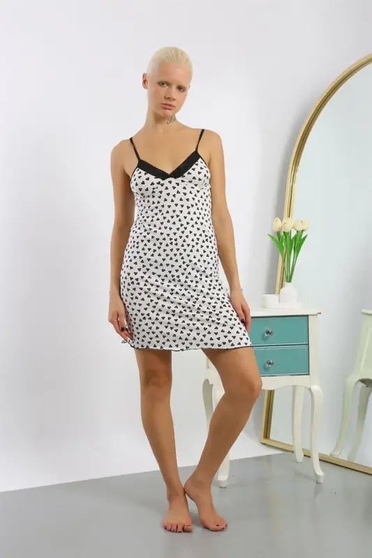 Akbeniz Women's Combed Cotton Printed Spaghetti Strap Nightgown 36714 - 1