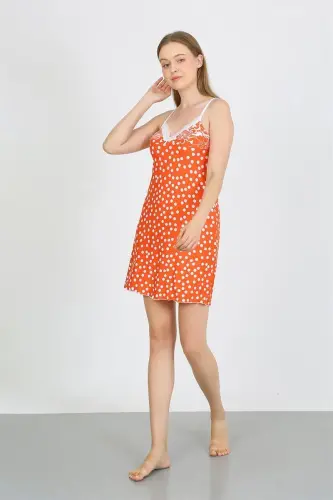 Akbeniz Women's Combed Cotton Spaghetti Strap White Polka Dot Nightdress 36711 Orange - 2